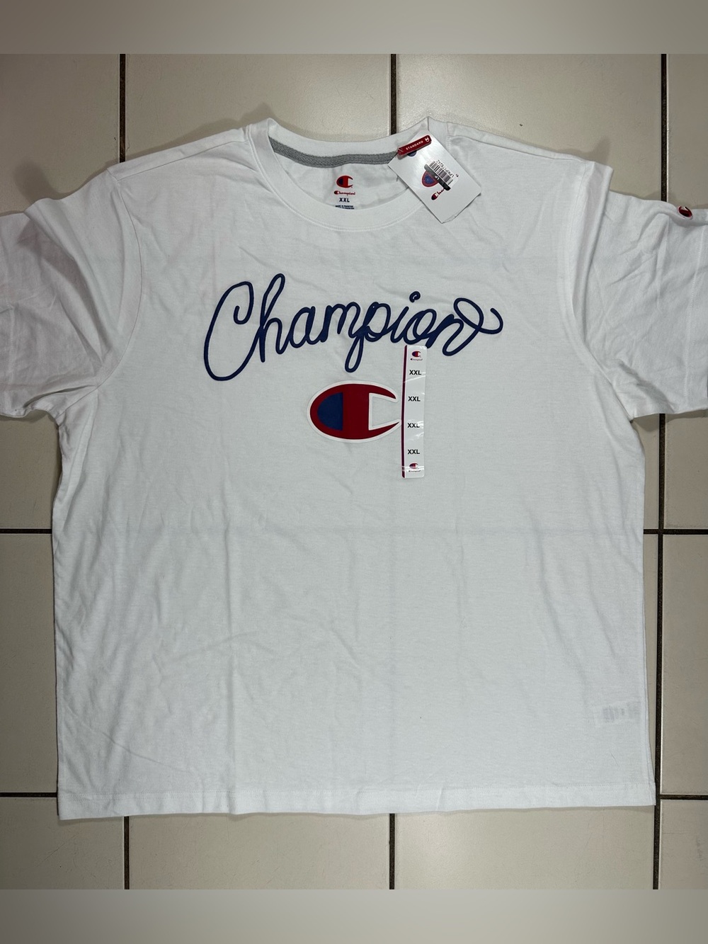 Champion White Short-Sleeve Tee with Navy Script and Red Logo